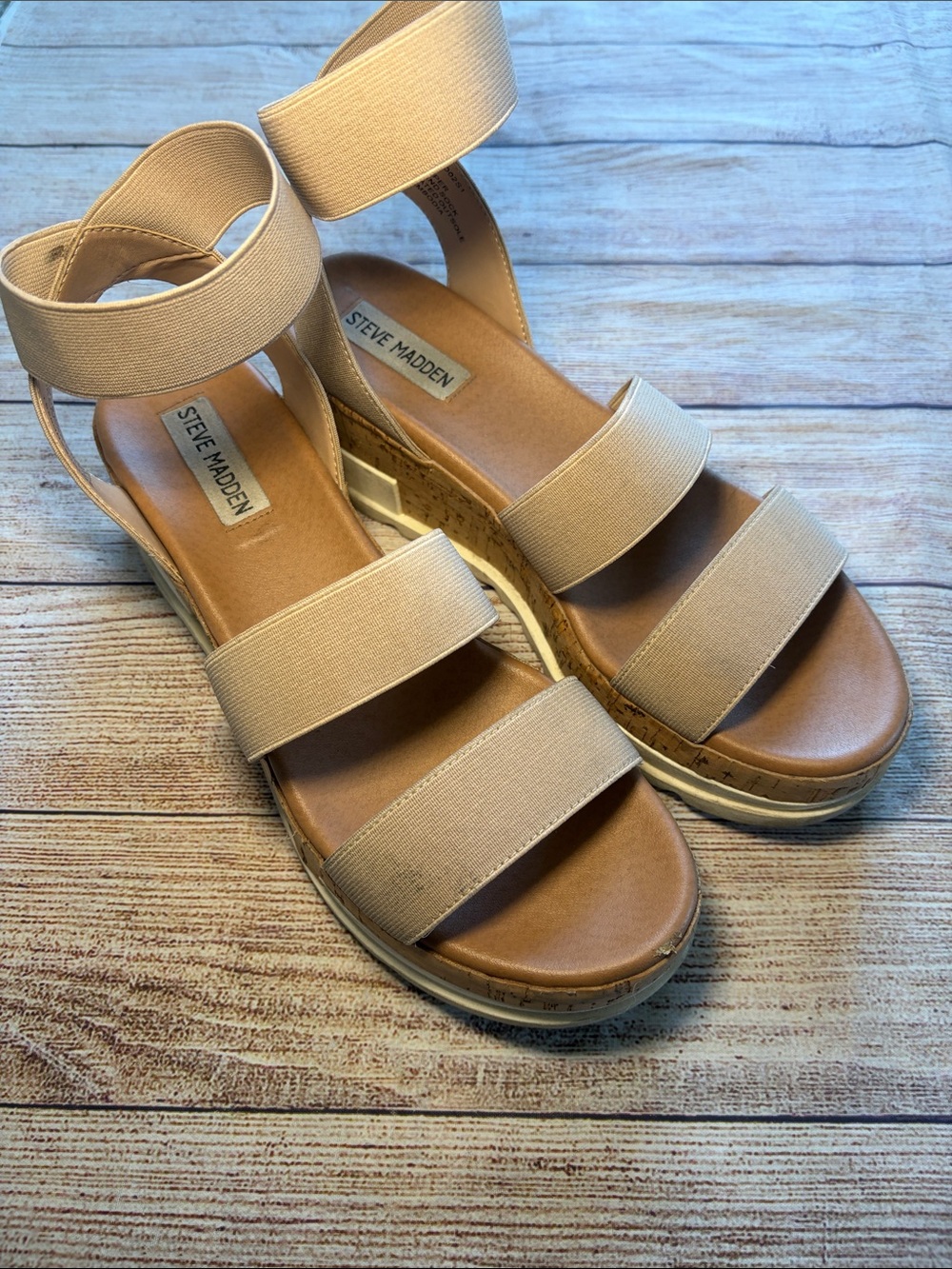 Steve Madden Beige Elastic-Strap Wedge Sandals Size 8M